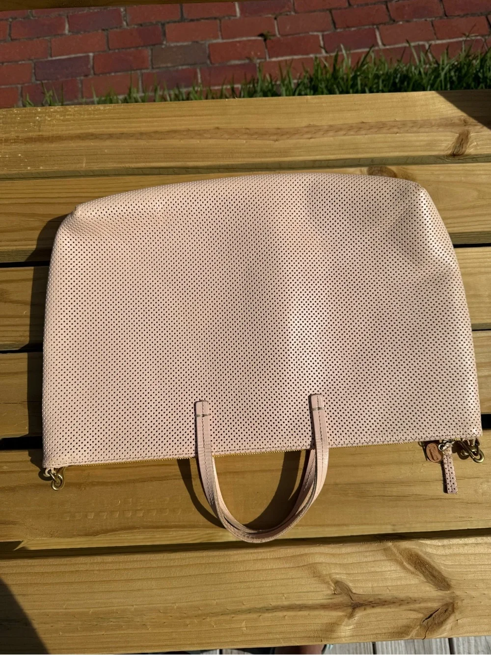 Clare V Blush Pink Perforated Tote with Striped Shoulder Strap - Picture 11 of 14